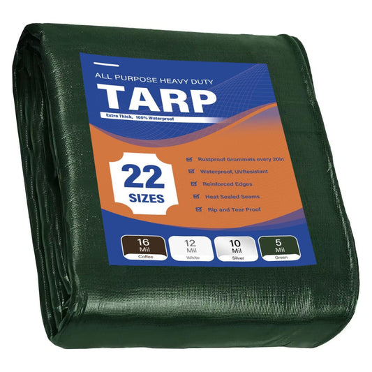 Multi Purpose Waterproof Tarp 6' x 10' Heavy Duty Green UV Resistant Rip and Tear Proof Tarpaulin